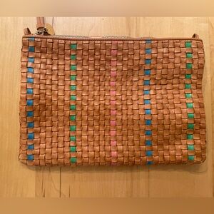 Clare V Woven Flat Clutch with tabs. Pink, green and Blue stripes woven in